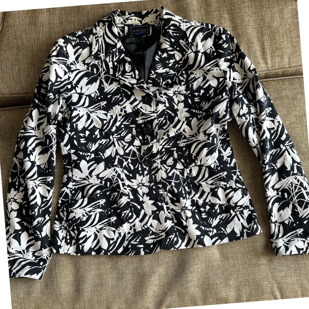 Laura Scott Womens Blazer Jacket Size 10 Black White Floral Stretch Lined Cotton